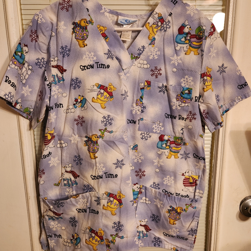 Scrub Women Scrub Top Light Blue Medium Bears Snowman Nurse Scrub